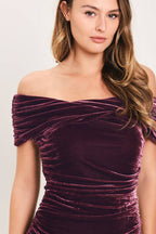 Plum Embrace Velvet Off-Shoulder Ruched Midi Dress