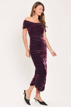 Plum Embrace Velvet Off-Shoulder Ruched Midi Dress