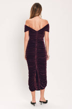 Plum Embrace Velvet Off-Shoulder Ruched Midi Dress