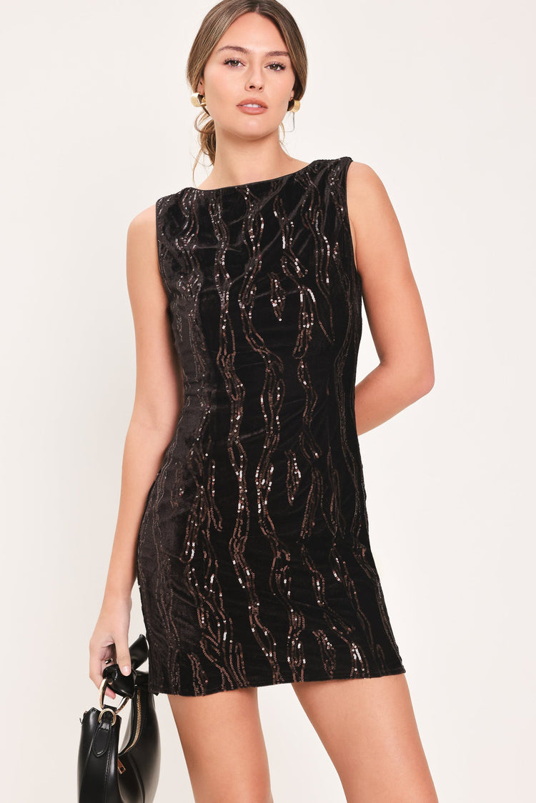 Cocoa Glitz Dark Brown Sequin Velvet Mini Dress
