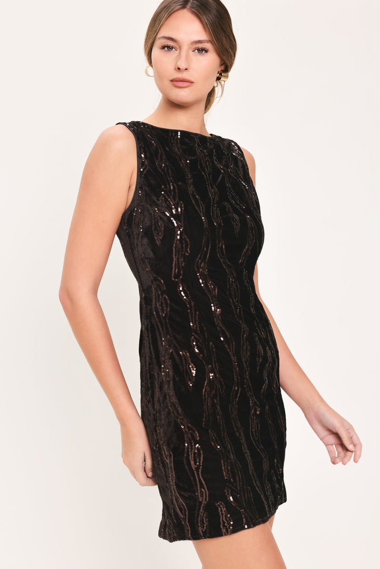 Cocoa Glitz Dark Brown Sequin Velvet Mini Dress