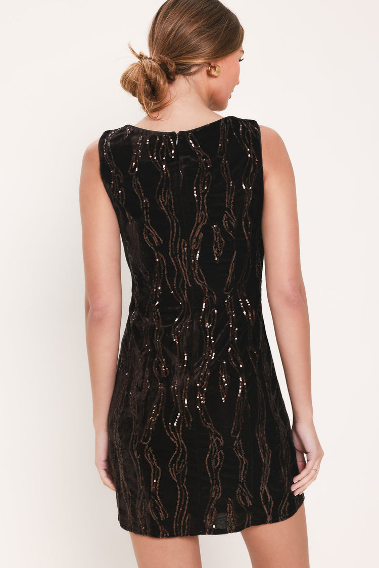 Cocoa Glitz Dark Brown Sequin Velvet Mini Dress