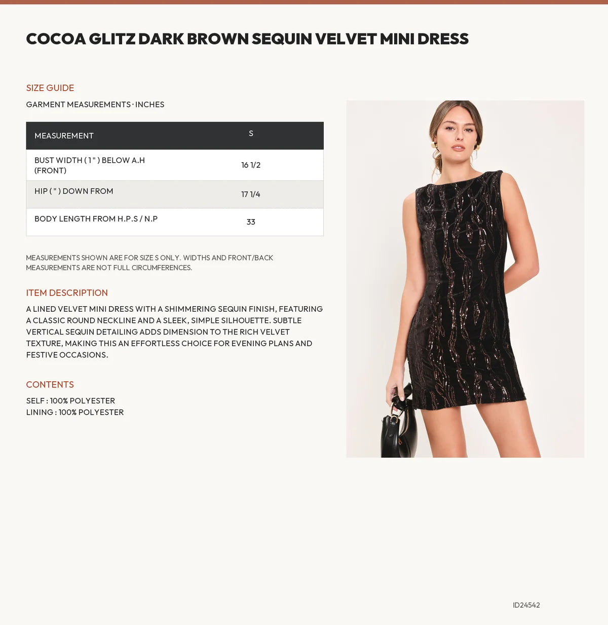 Size Chart: Cocoa Glitz Dark Brown Sequin Velvet Mini Dress