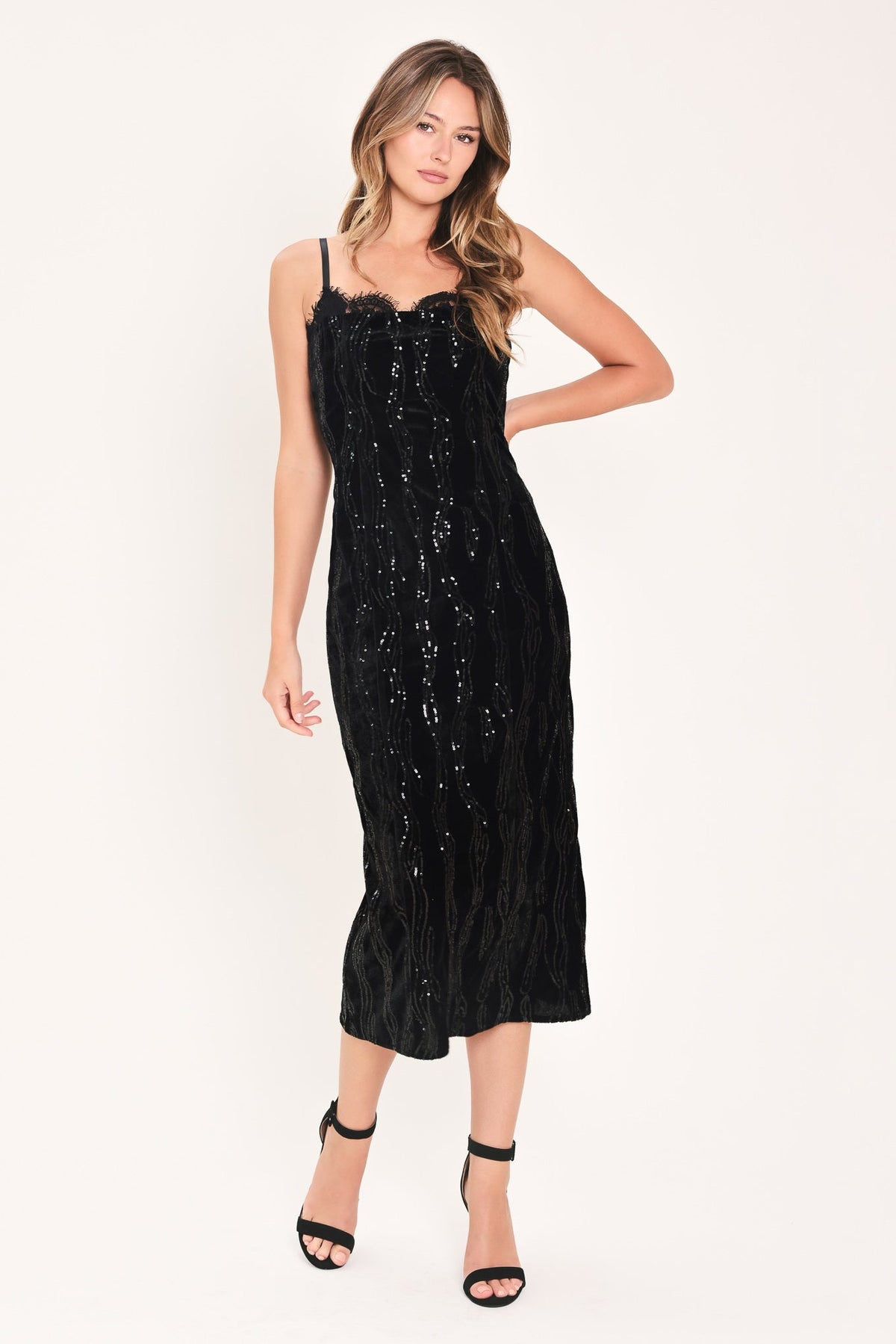 Velvet Obsession Black Sequin Sweetheart Midi Dress