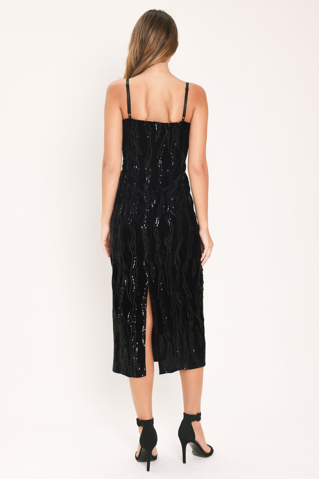 Velvet Obsession Black Sequin Sweetheart Midi Dress