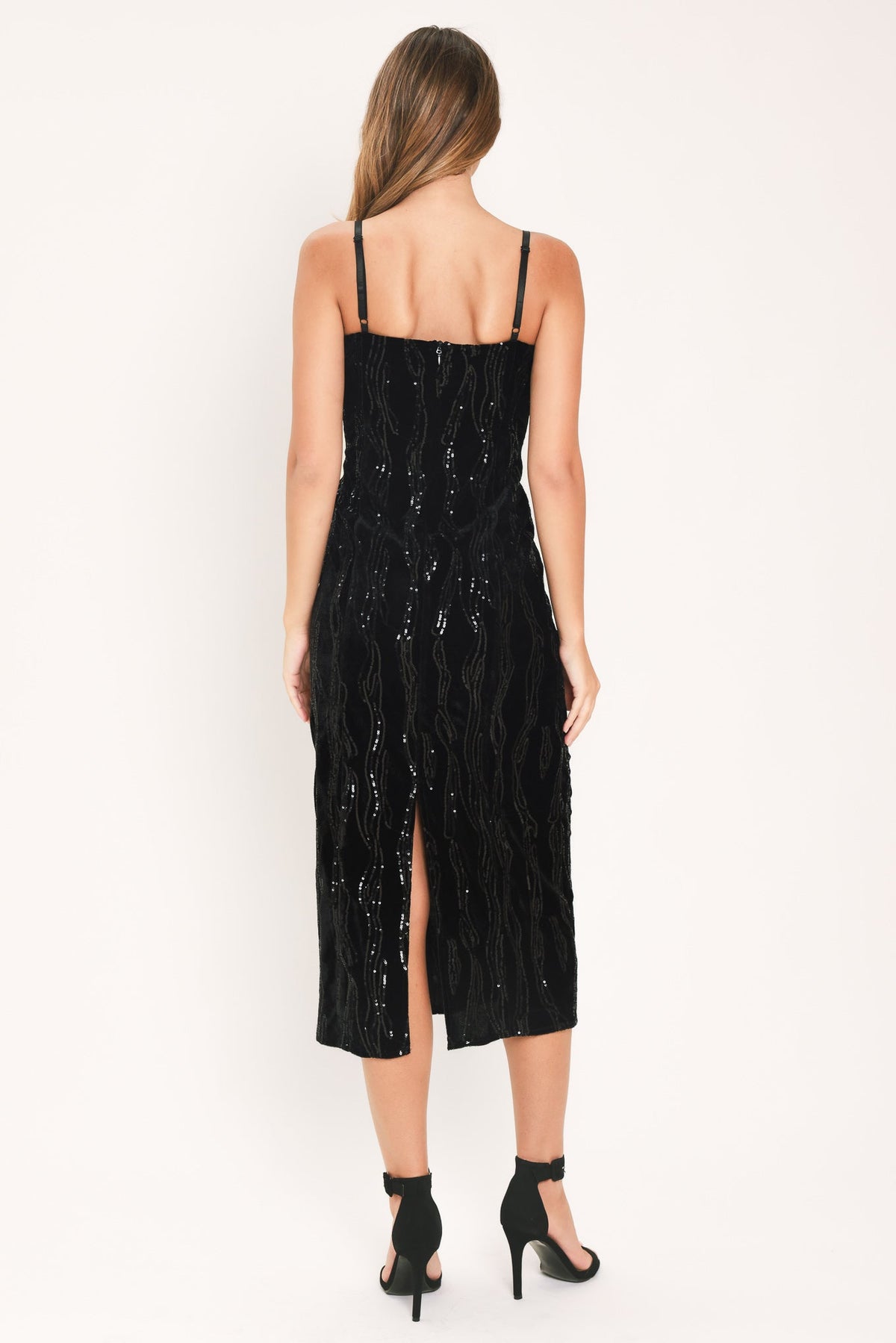 Velvet Obsession Black Sequin Sweetheart Midi Dress