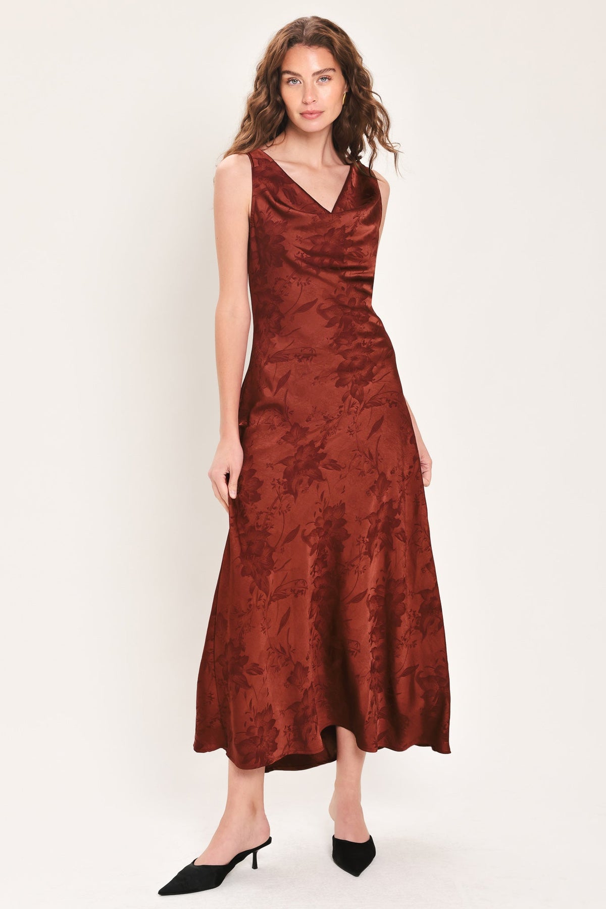 Brick Beauty Jacquard Cowl-Neck Twist-Back Midi Dress