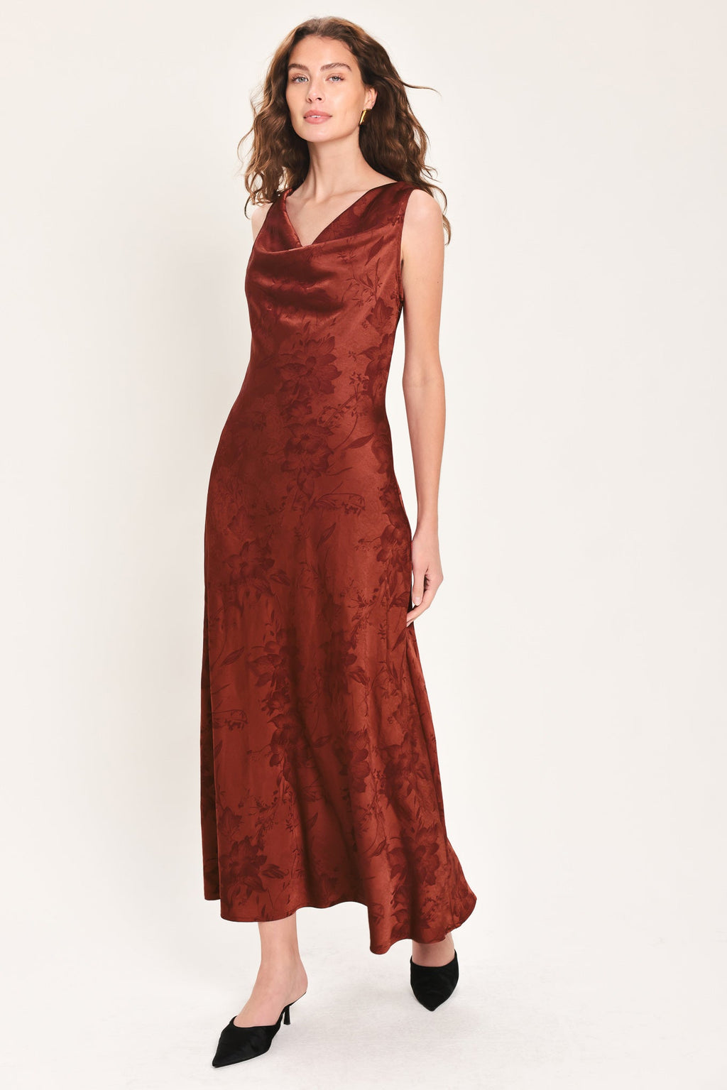 Brick Beauty Jacquard Cowl-Neck Twist-Back Midi Dress
