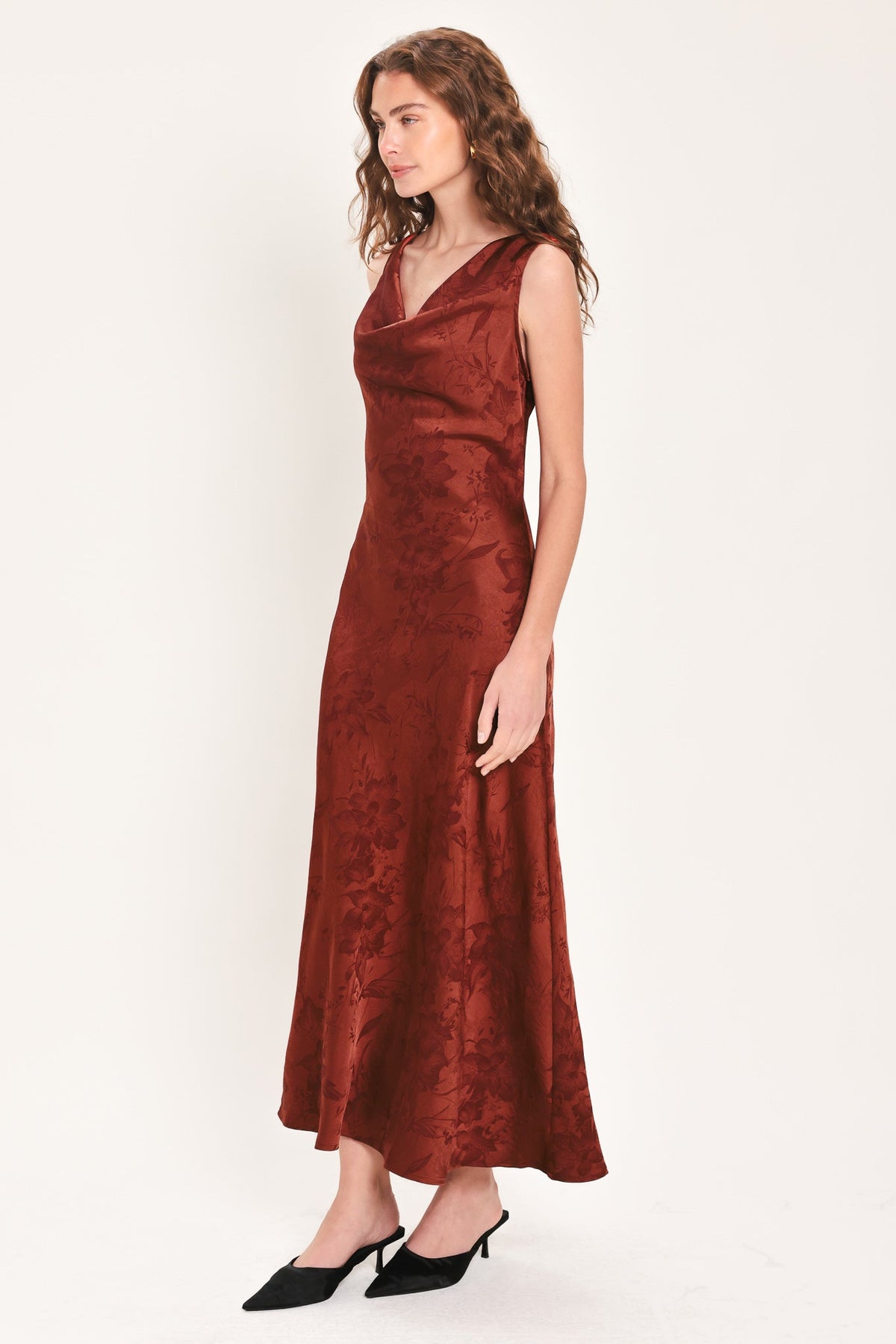 Brick Beauty Jacquard Cowl-Neck Twist-Back Midi Dress