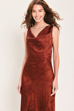 Brick Beauty Jacquard Cowl-Neck Twist-Back Midi Dress