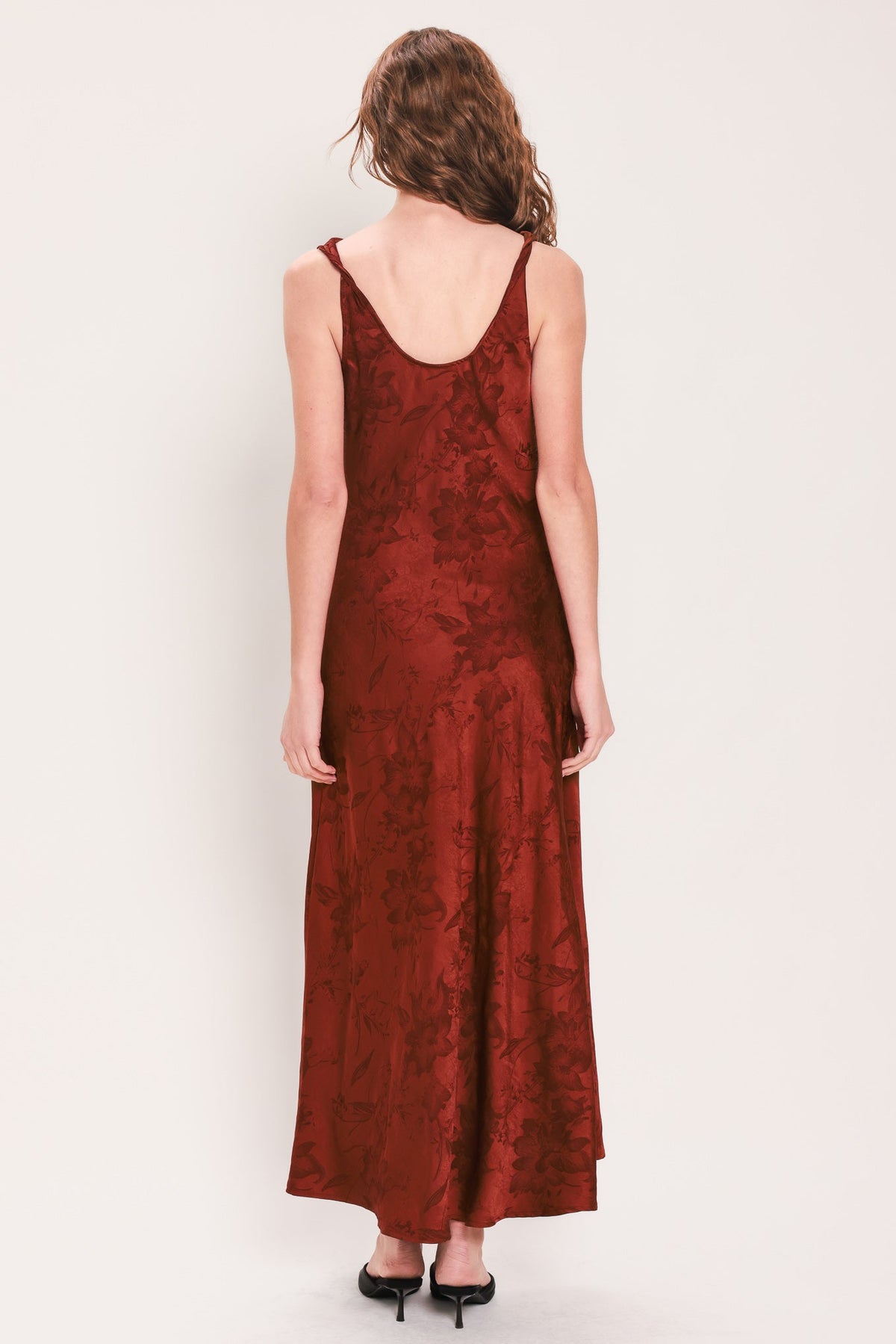Brick Beauty Jacquard Cowl-Neck Twist-Back Midi Dress