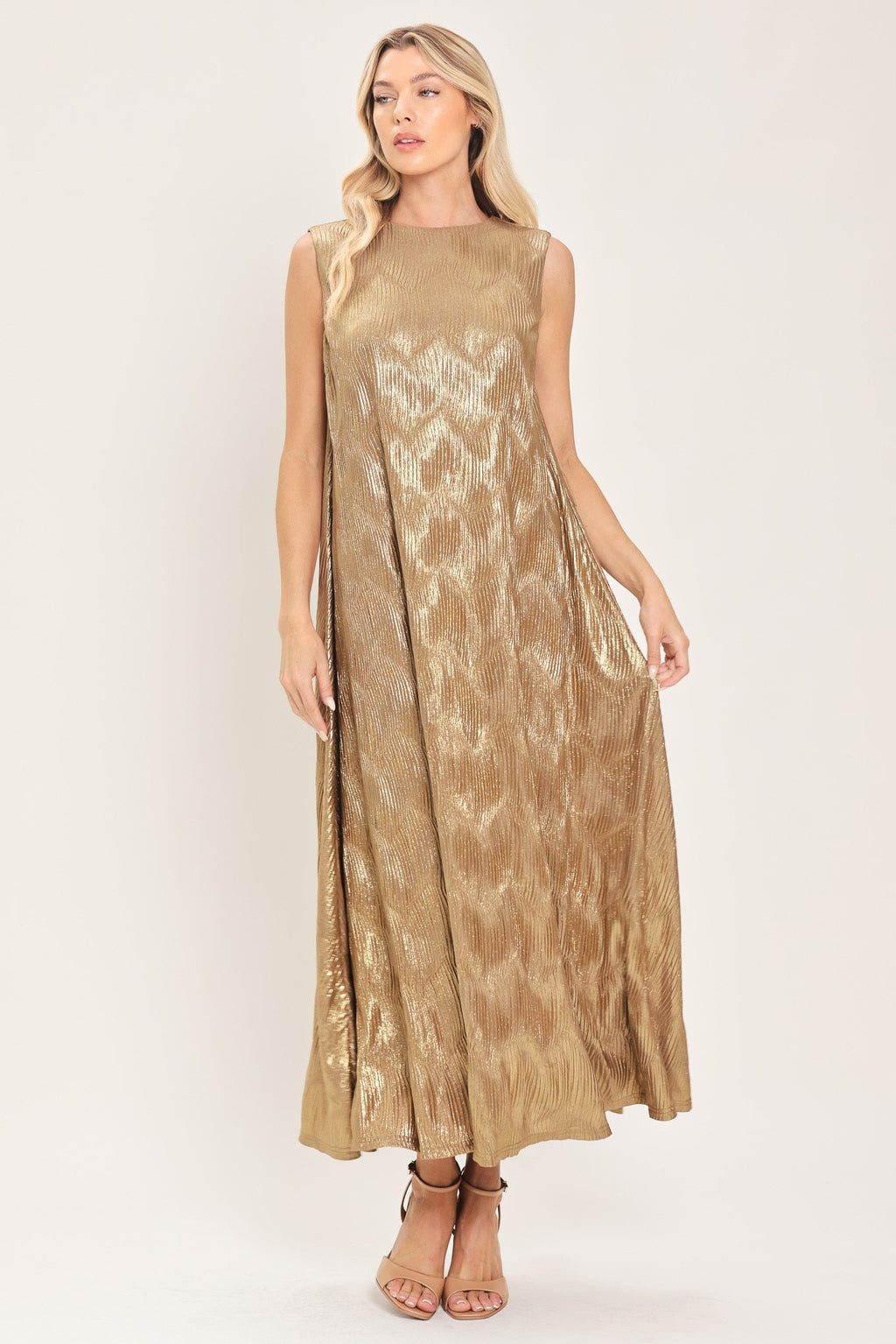 Golden Glimmer Foil Belted Midi Dress