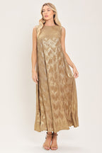 Golden Glimmer Foil Belted Midi Dress