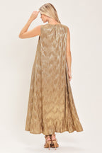 Golden Glimmer Foil Belted Midi Dress