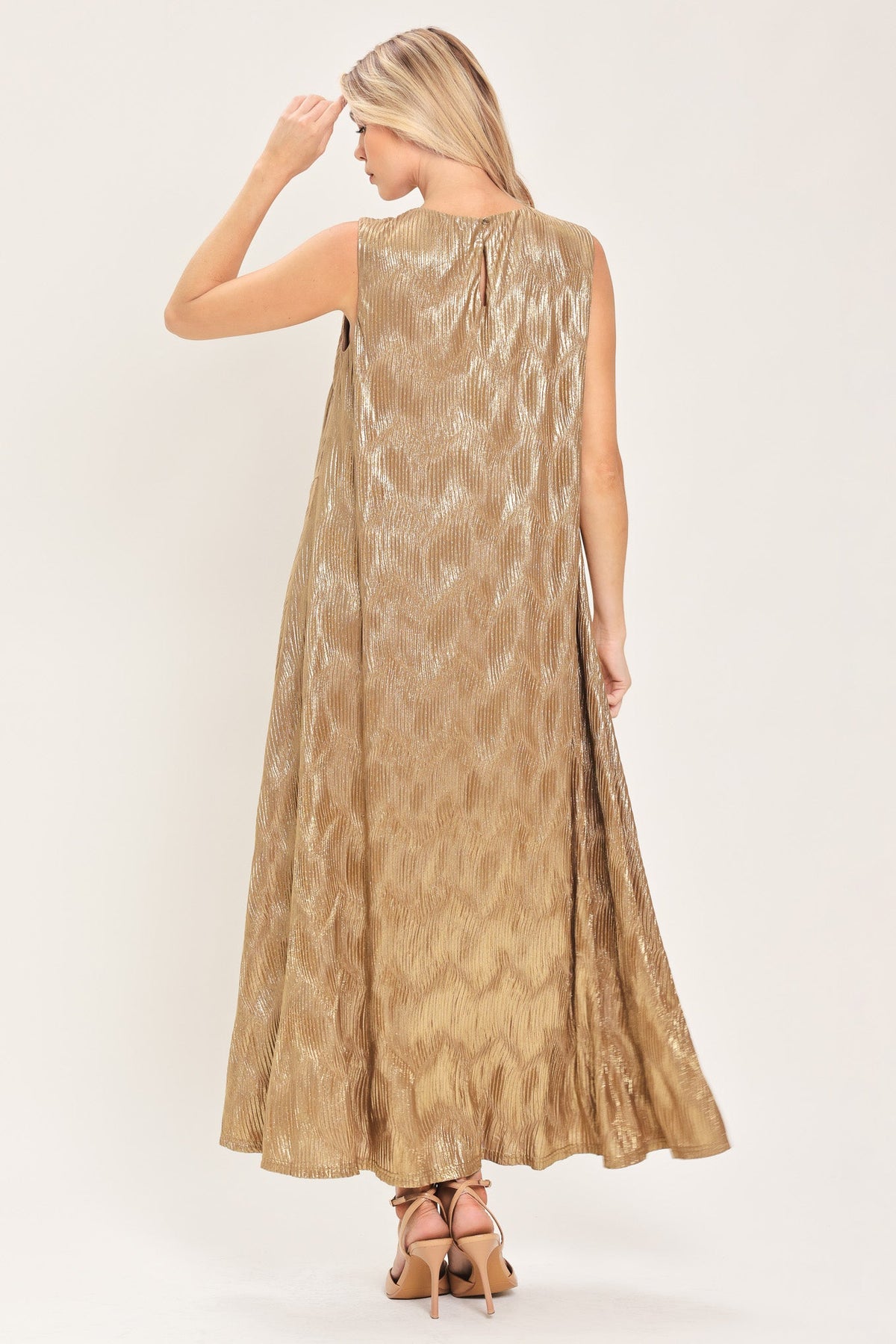 Golden Glimmer Foil Belted Midi Dress