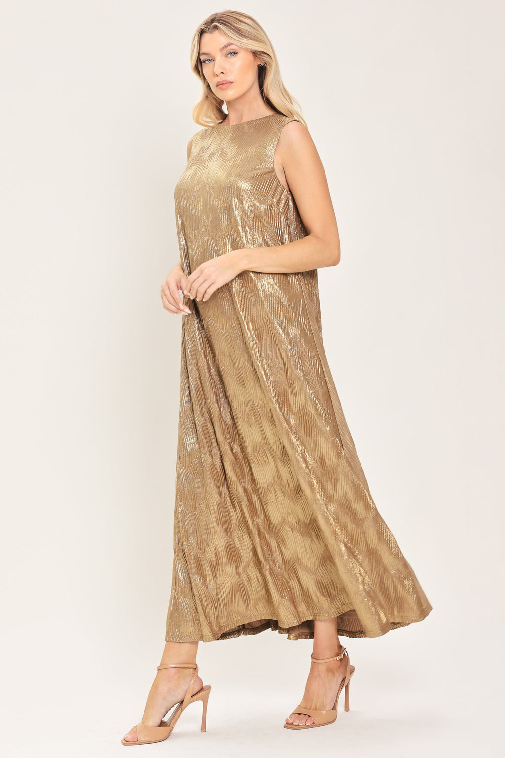 Golden Glimmer Foil Belted Midi Dress
