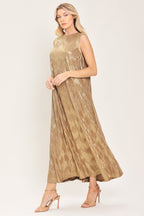 Golden Glimmer Foil Belted Midi Dress
