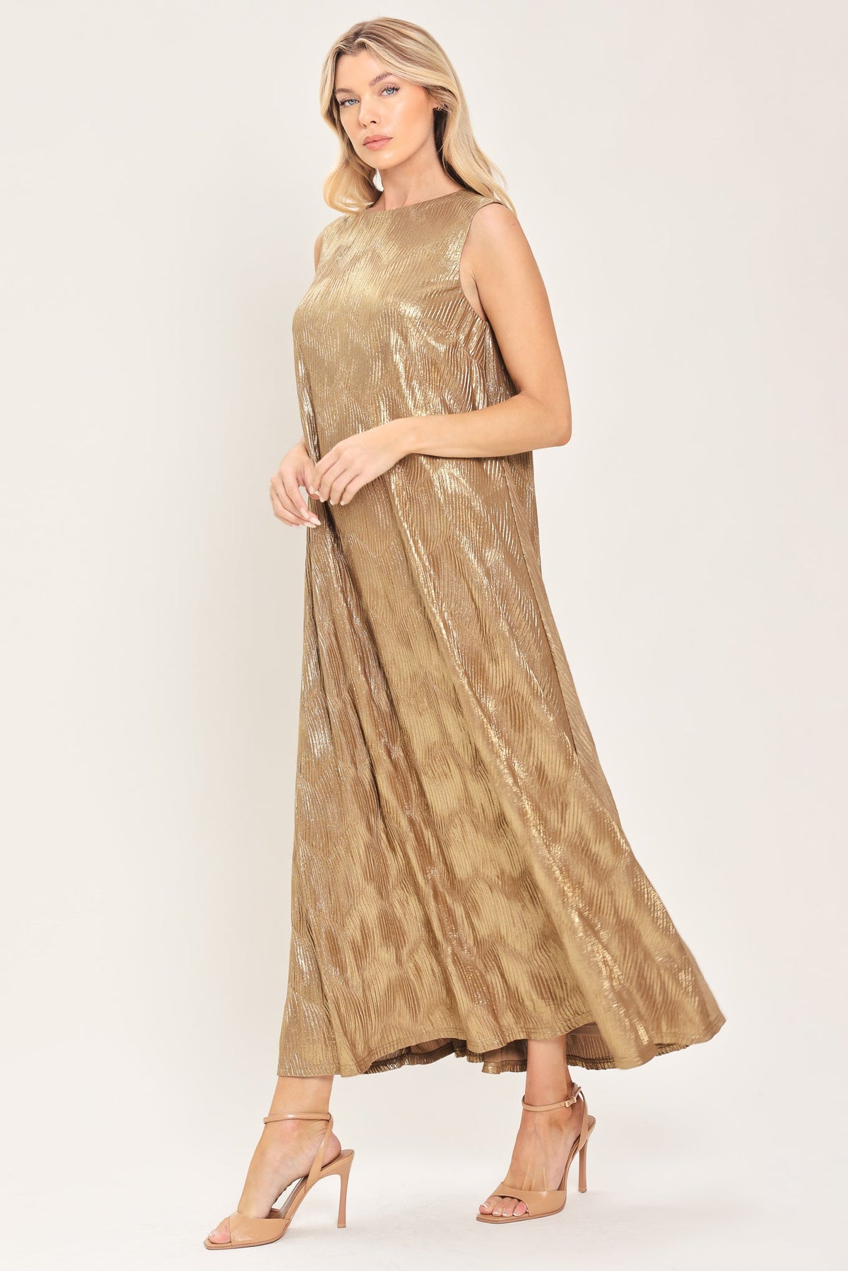 Golden Glimmer Foil Belted Midi Dress