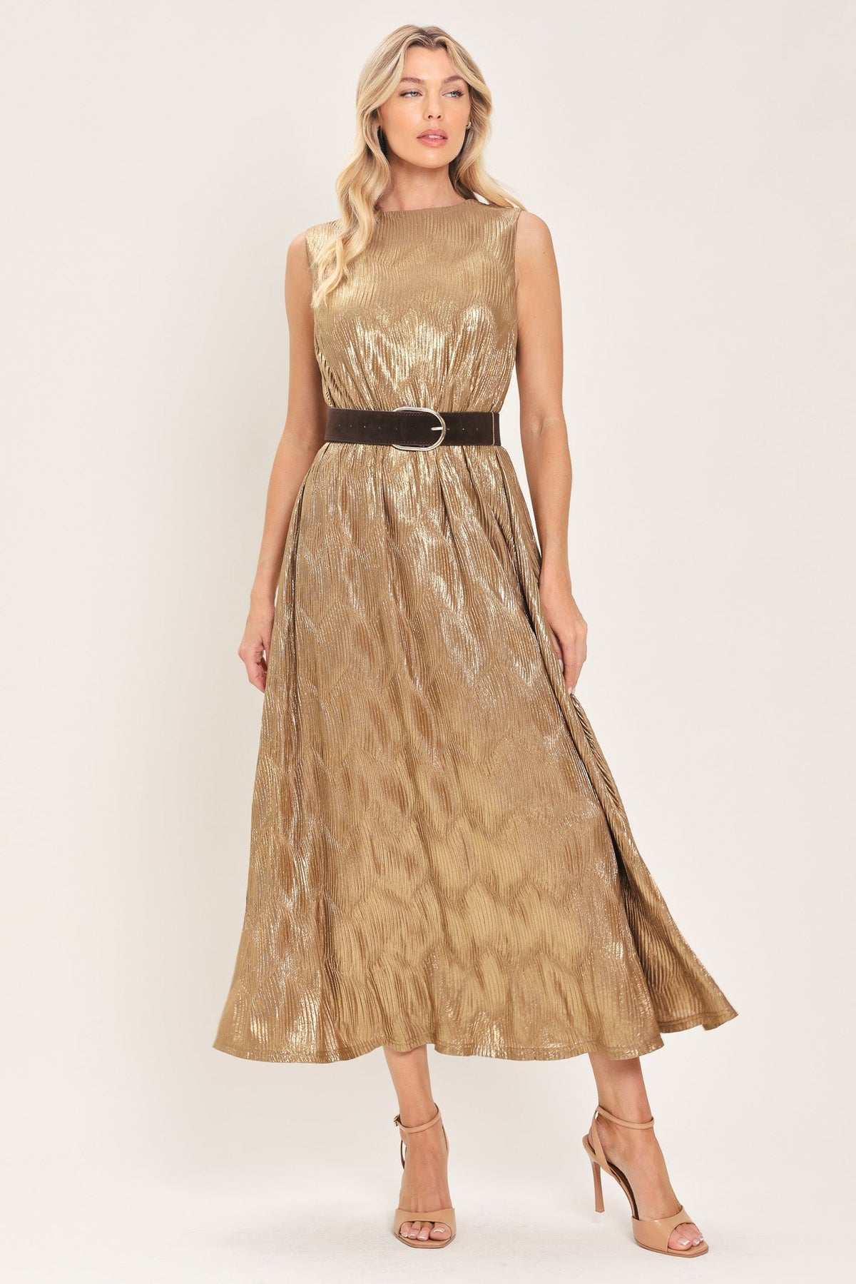 Golden Glimmer Foil Belted Midi Dress