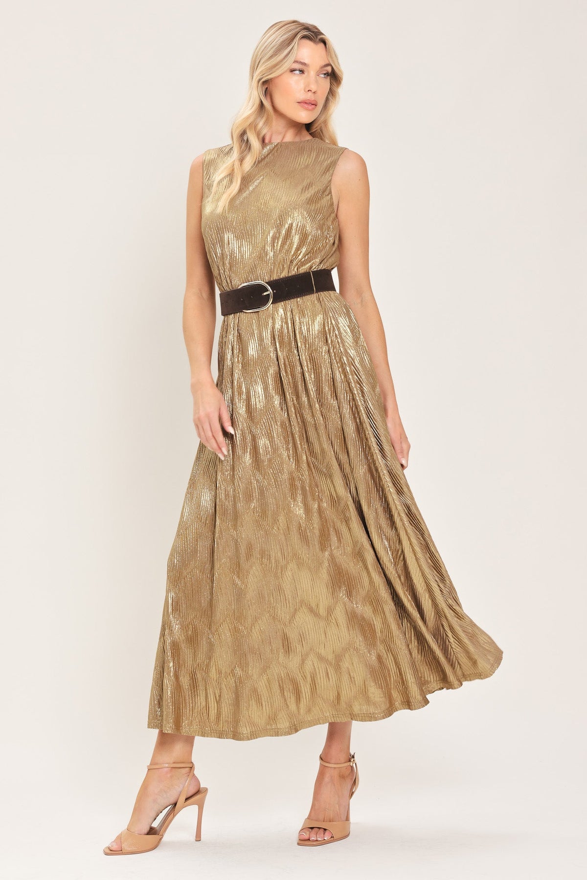 Golden Glimmer Foil Belted Midi Dress