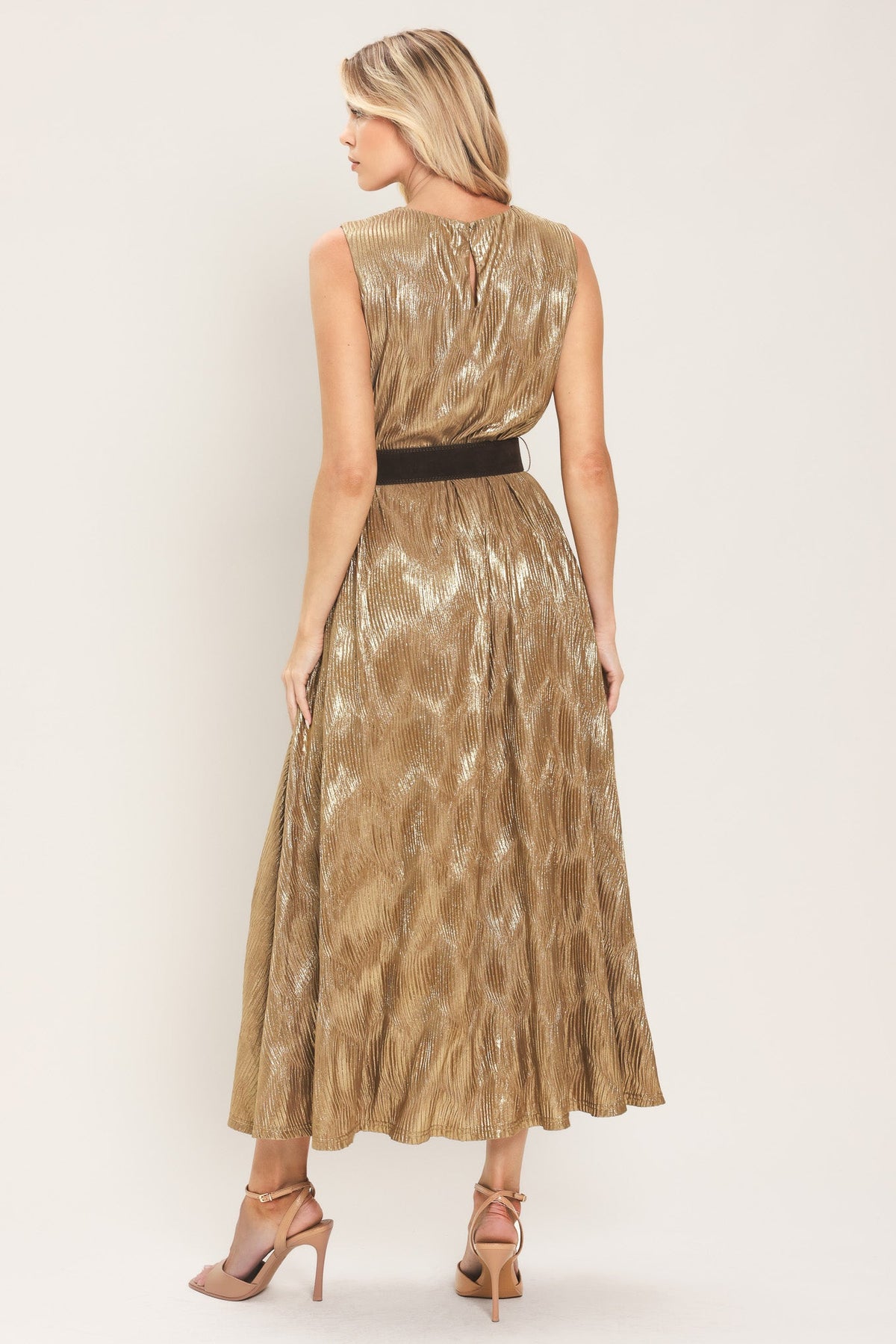Golden Glimmer Foil Belted Midi Dress
