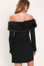 Noir Frost Black Faux-Fur Off-Shoulder Mini Dress