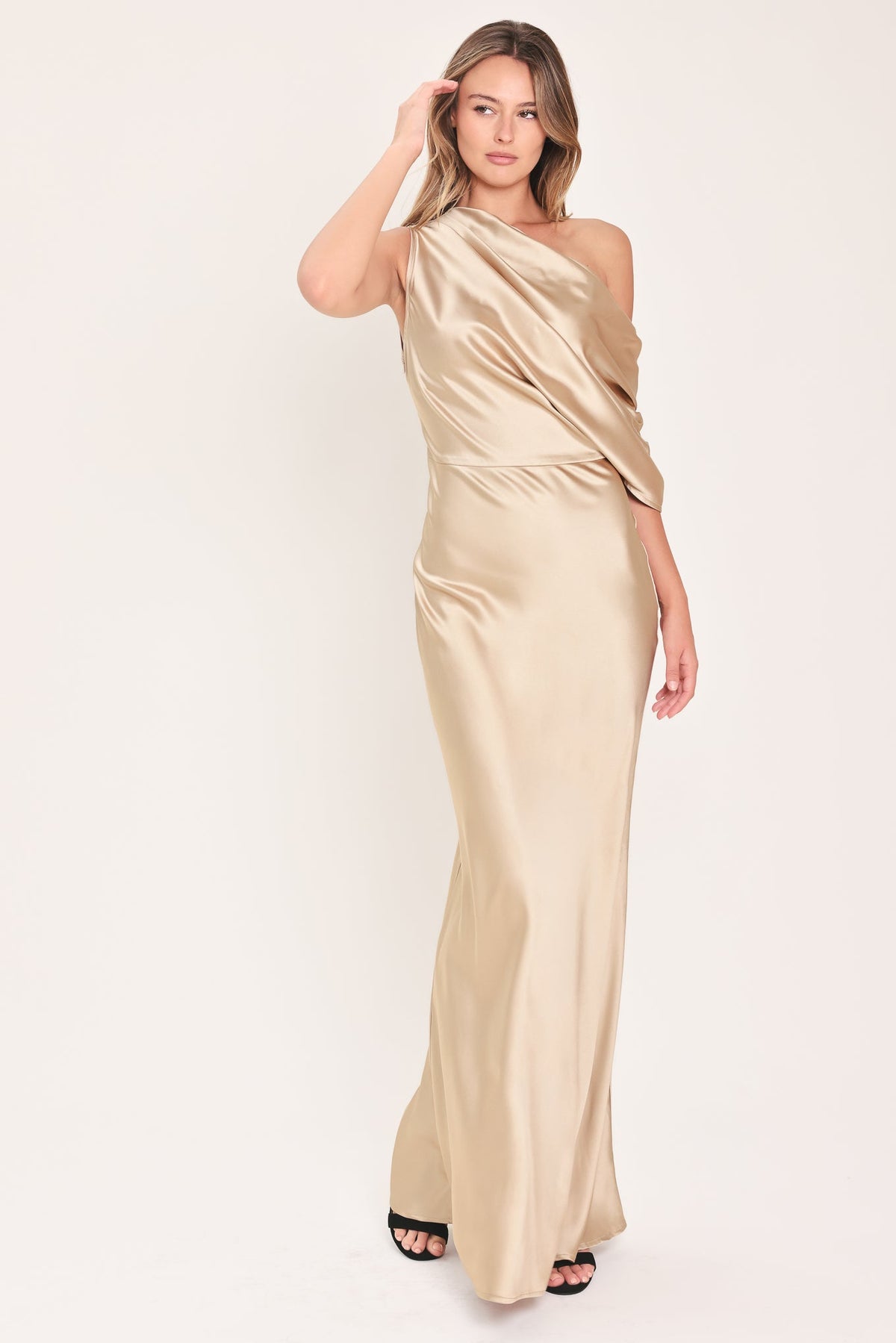 Gilded Drape Satin One-Shoulder Maxi Dress