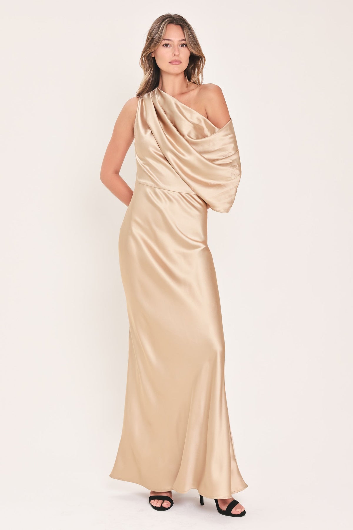 Gilded Drape Satin One-Shoulder Maxi Dress