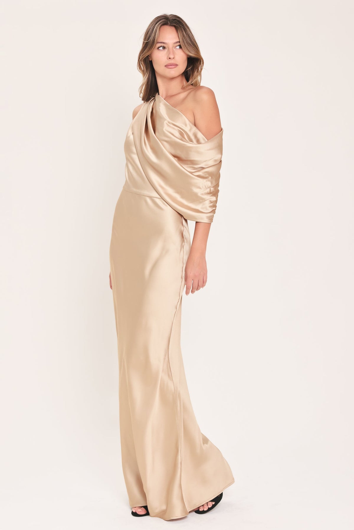 Gilded Drape Satin One-Shoulder Maxi Dress