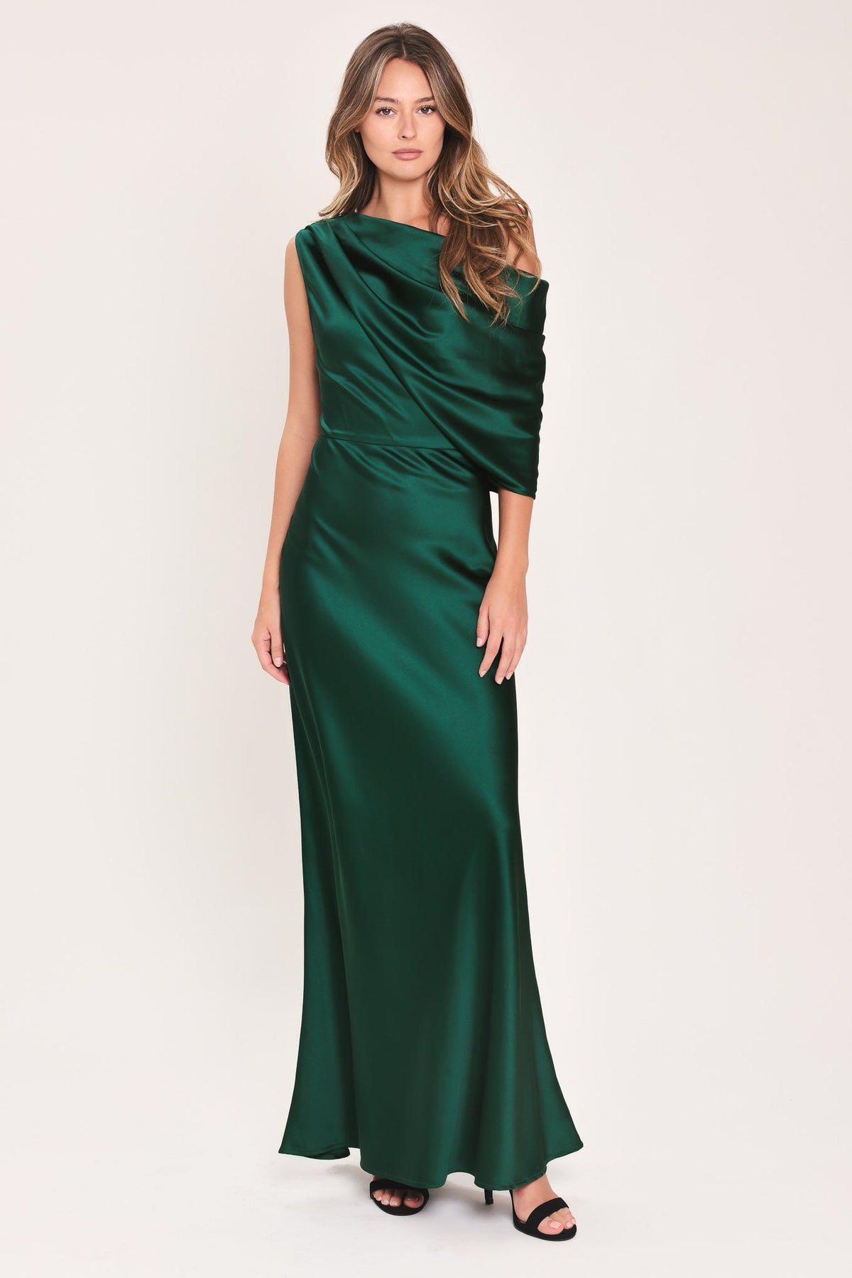 Gilded Drape Satin One-Shoulder Maxi Dress