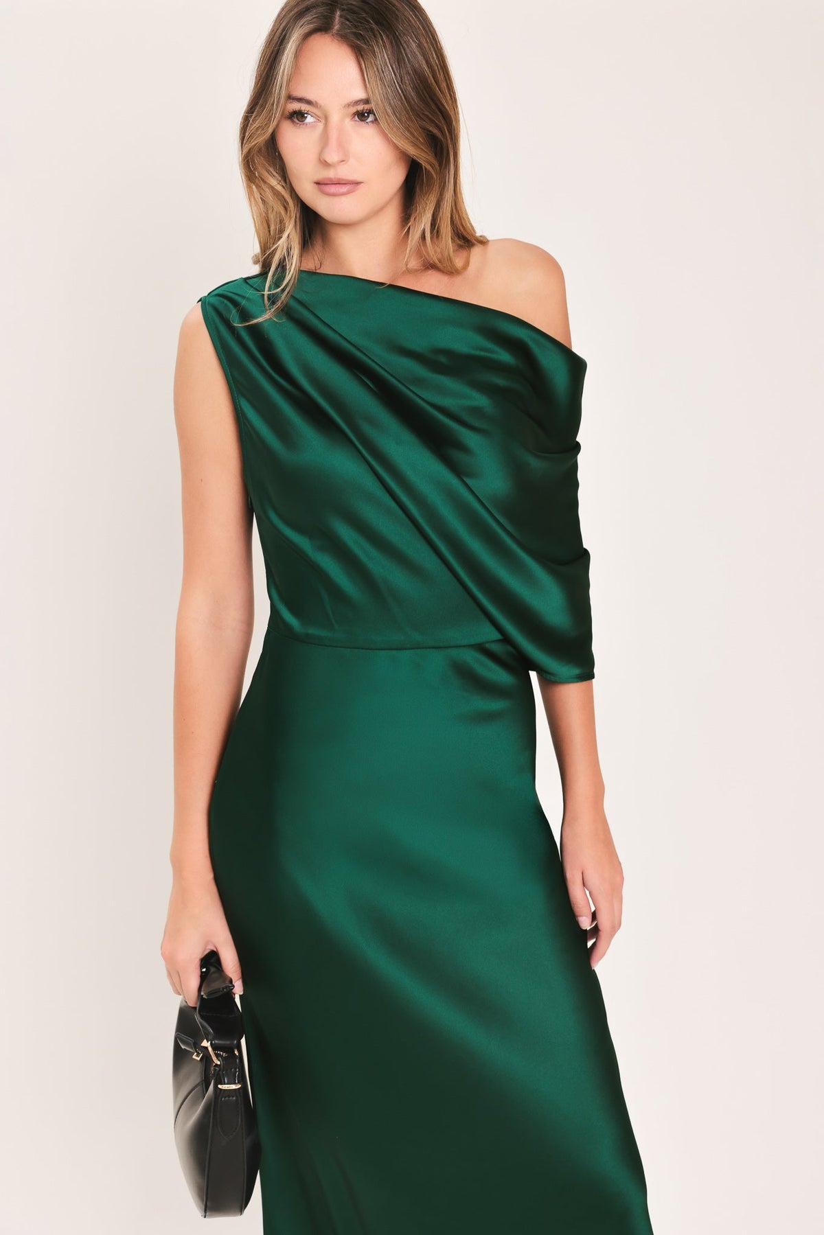 Gilded Drape Satin One-Shoulder Maxi Dress