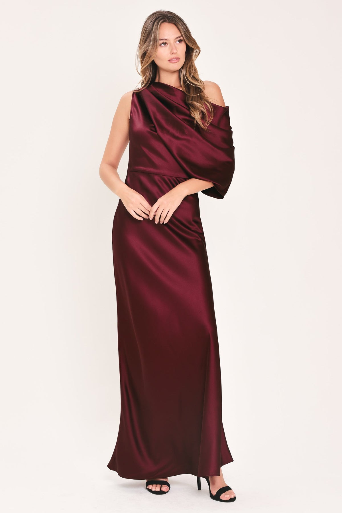 Gilded Drape Satin One-Shoulder Maxi Dress