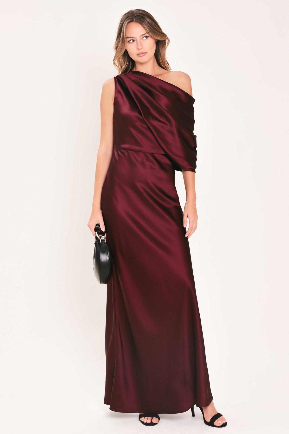 Gilded Drape Satin One-Shoulder Maxi Dress