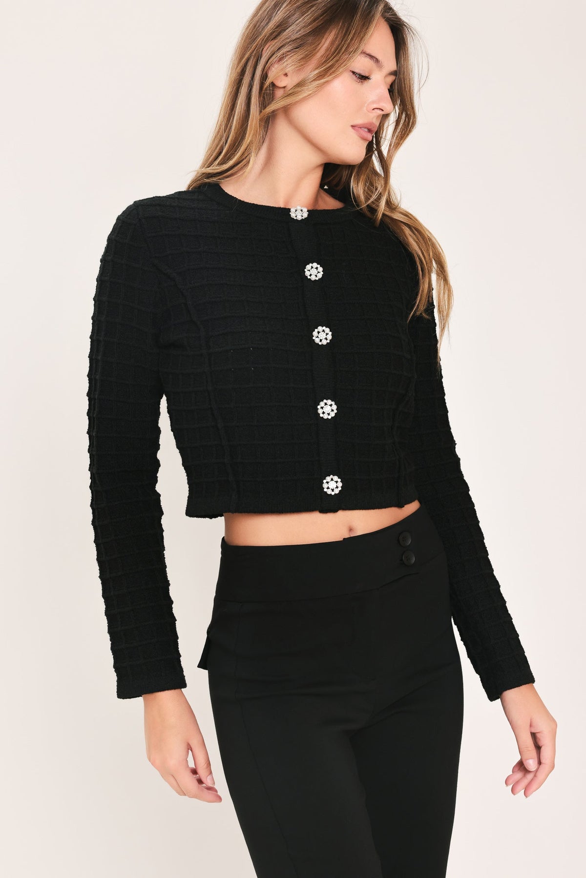 Polished Moment Jewel-Button Cropped Sweater Top