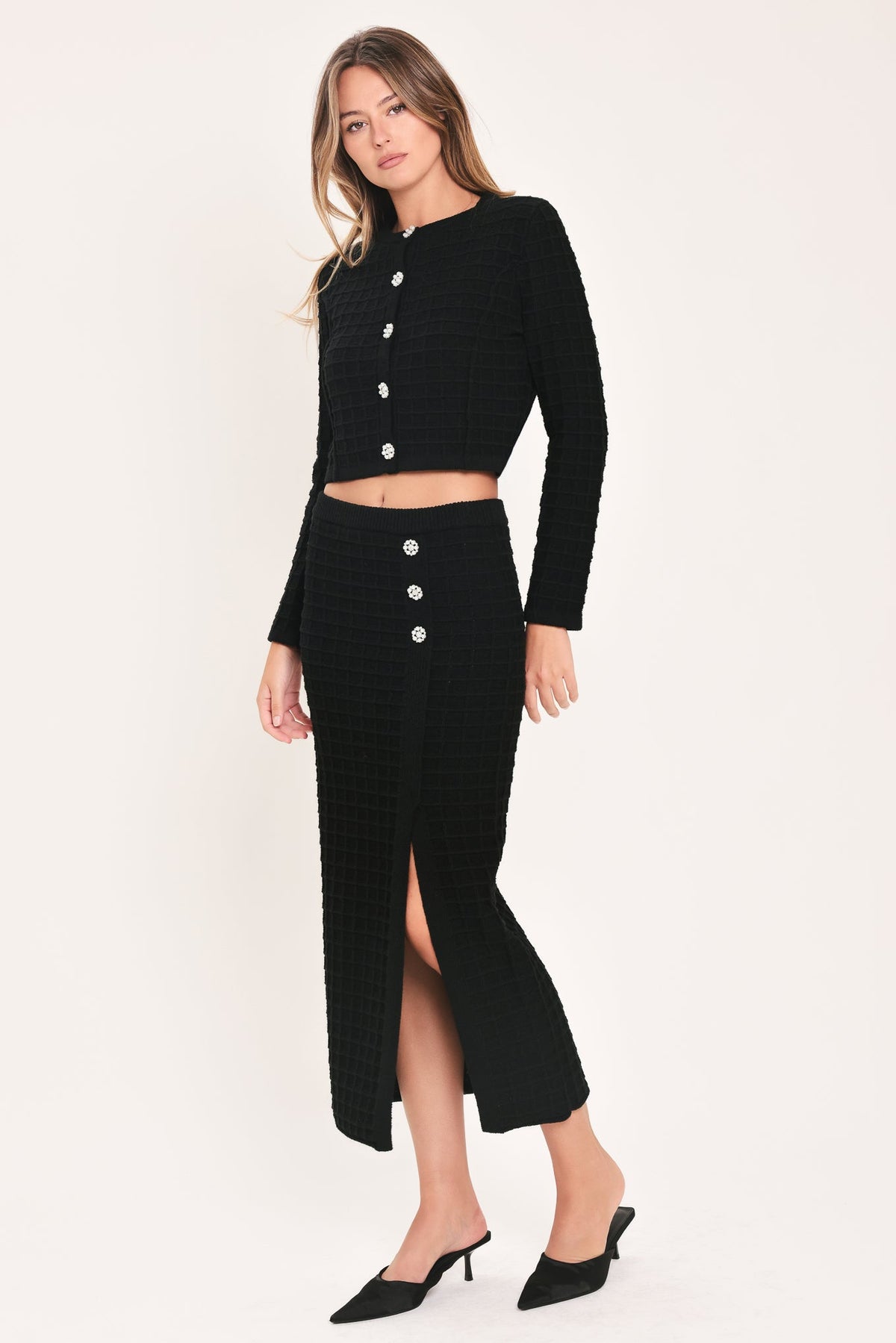 Polished Moment Jewel-Button Cropped Sweater Top