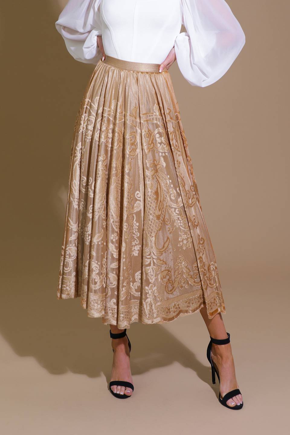 A burnout velvet midi skirt with elasticized waist