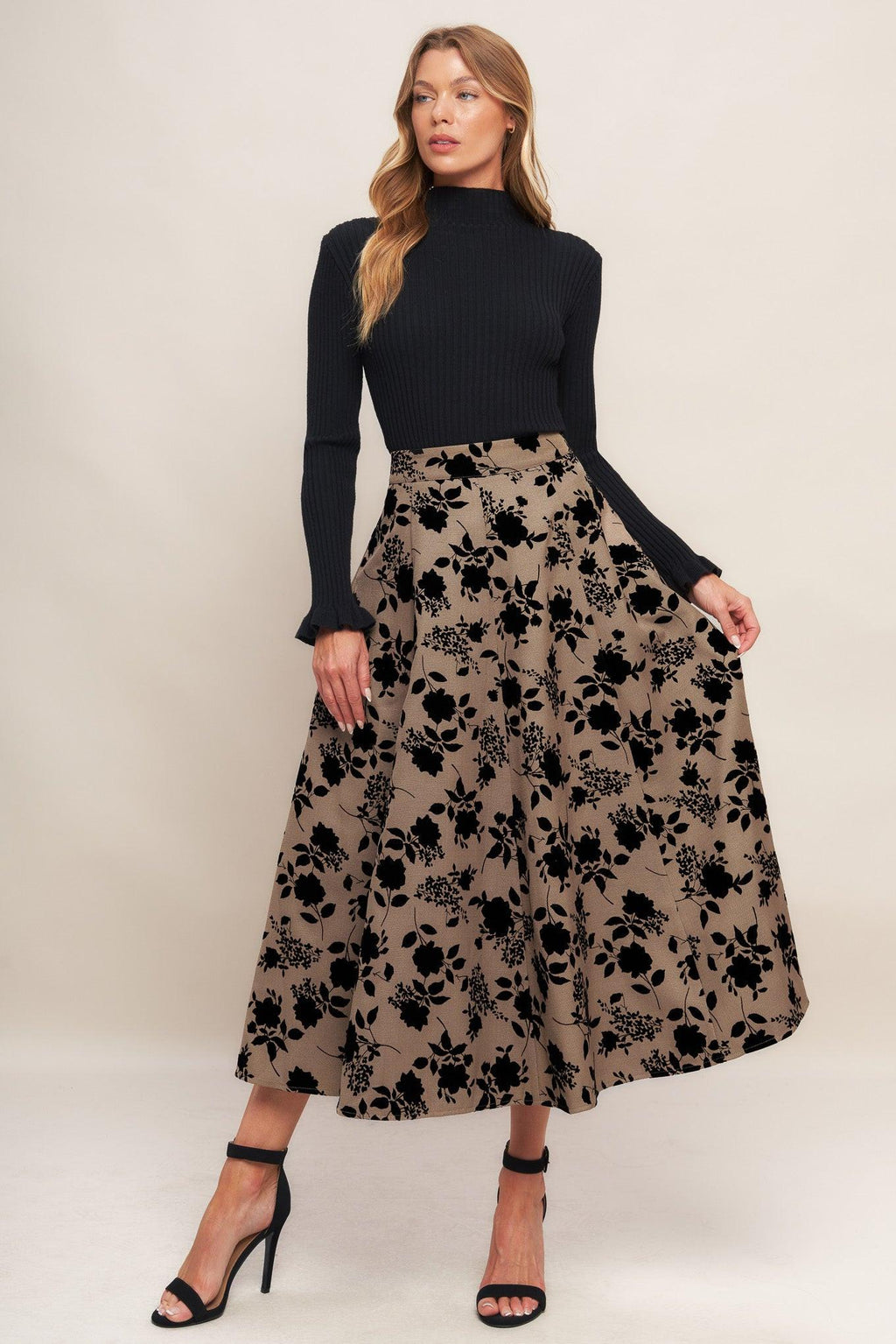 Taupe and Black Floral Midi Circle Skirt