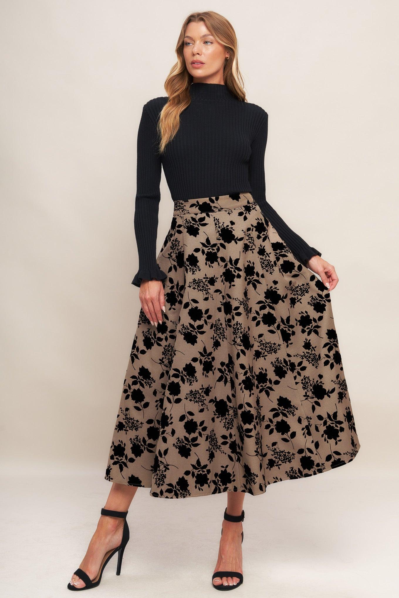 Taupe and Black Floral Midi Circle Skirt