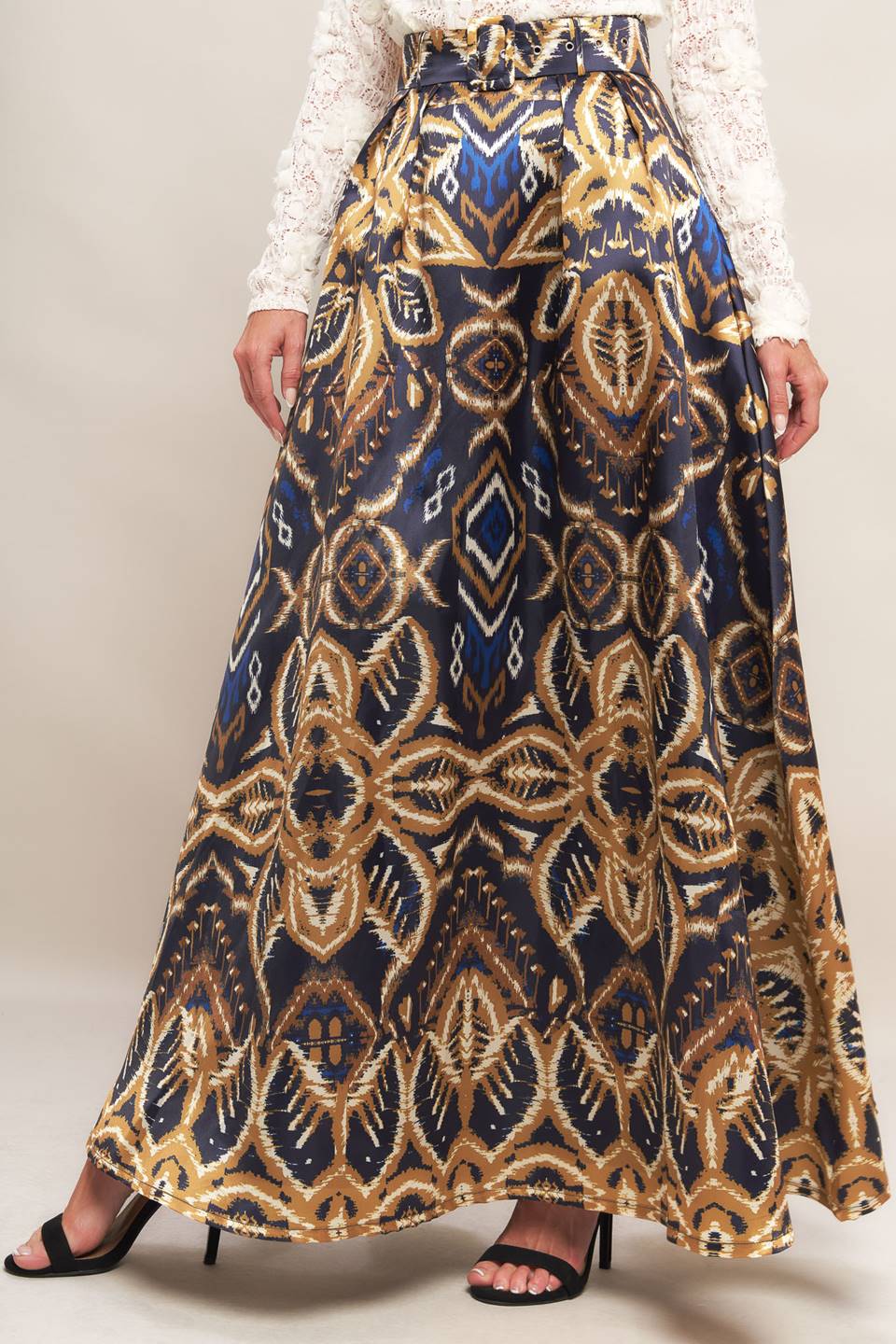 Long patterned skirt with a neutral background