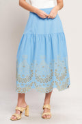 Sky Bloom Woven Eyelet Midi Skirt