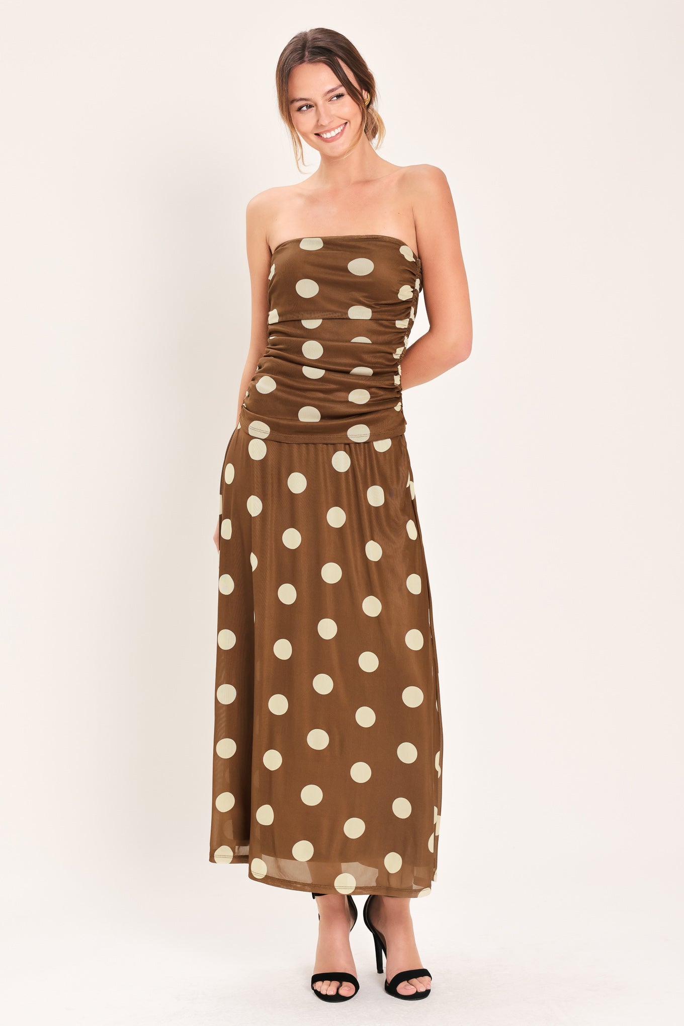 French Girl Polka Dot Power Mesh Midi Skirt