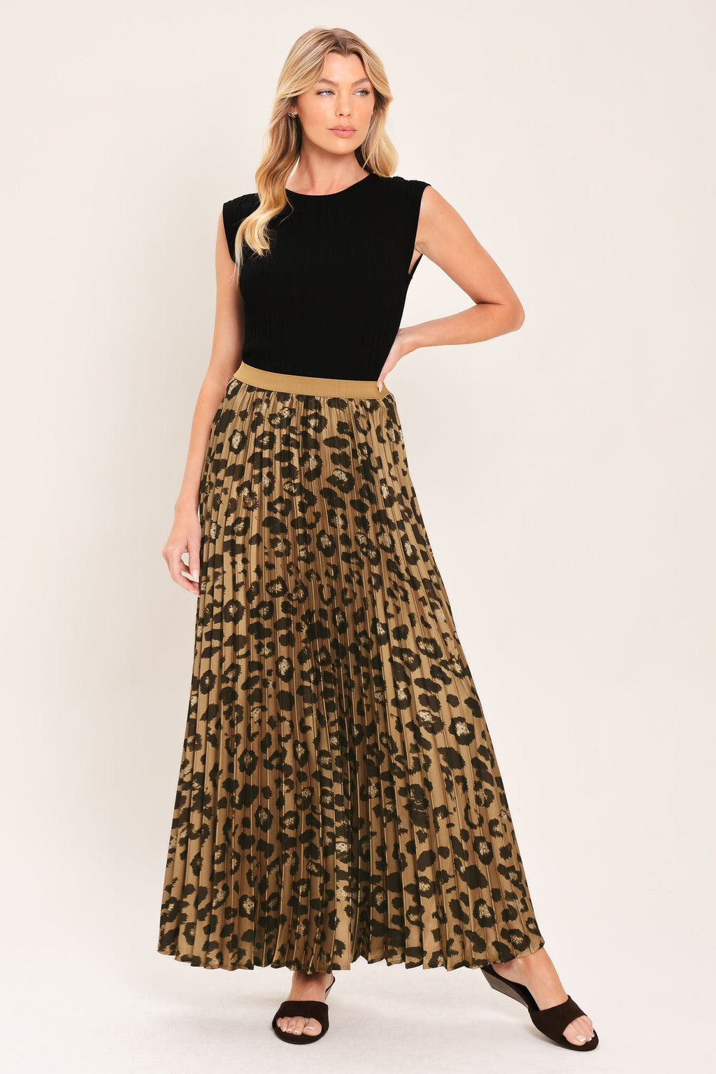 Golden Leopard Pleated Maxi Skirt