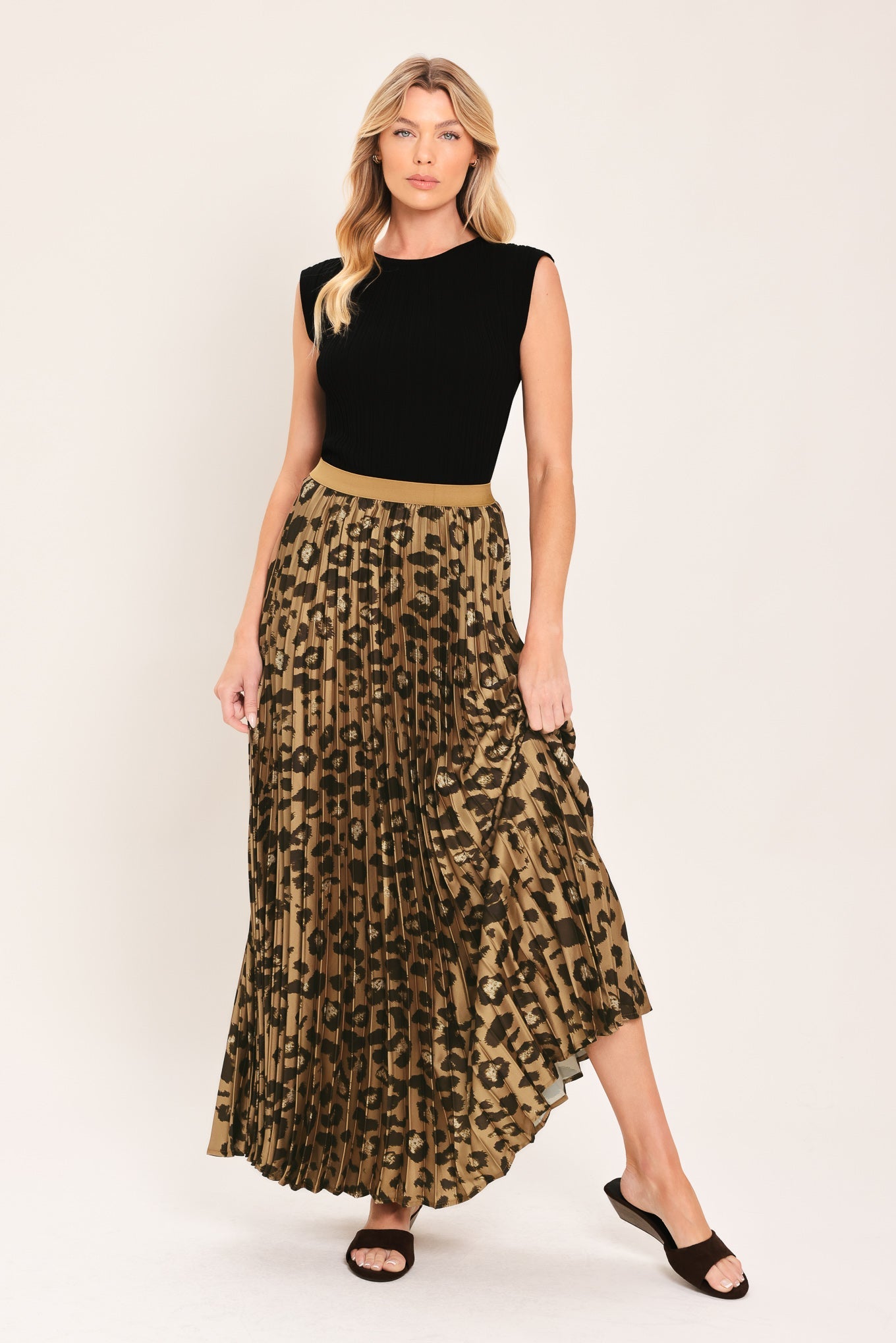 Golden Leopard Pleated Maxi Skirt