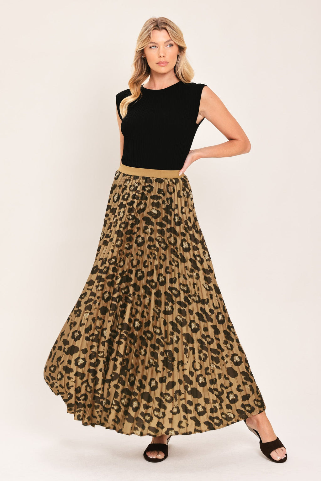 Golden Leopard Pleated Maxi Skirt