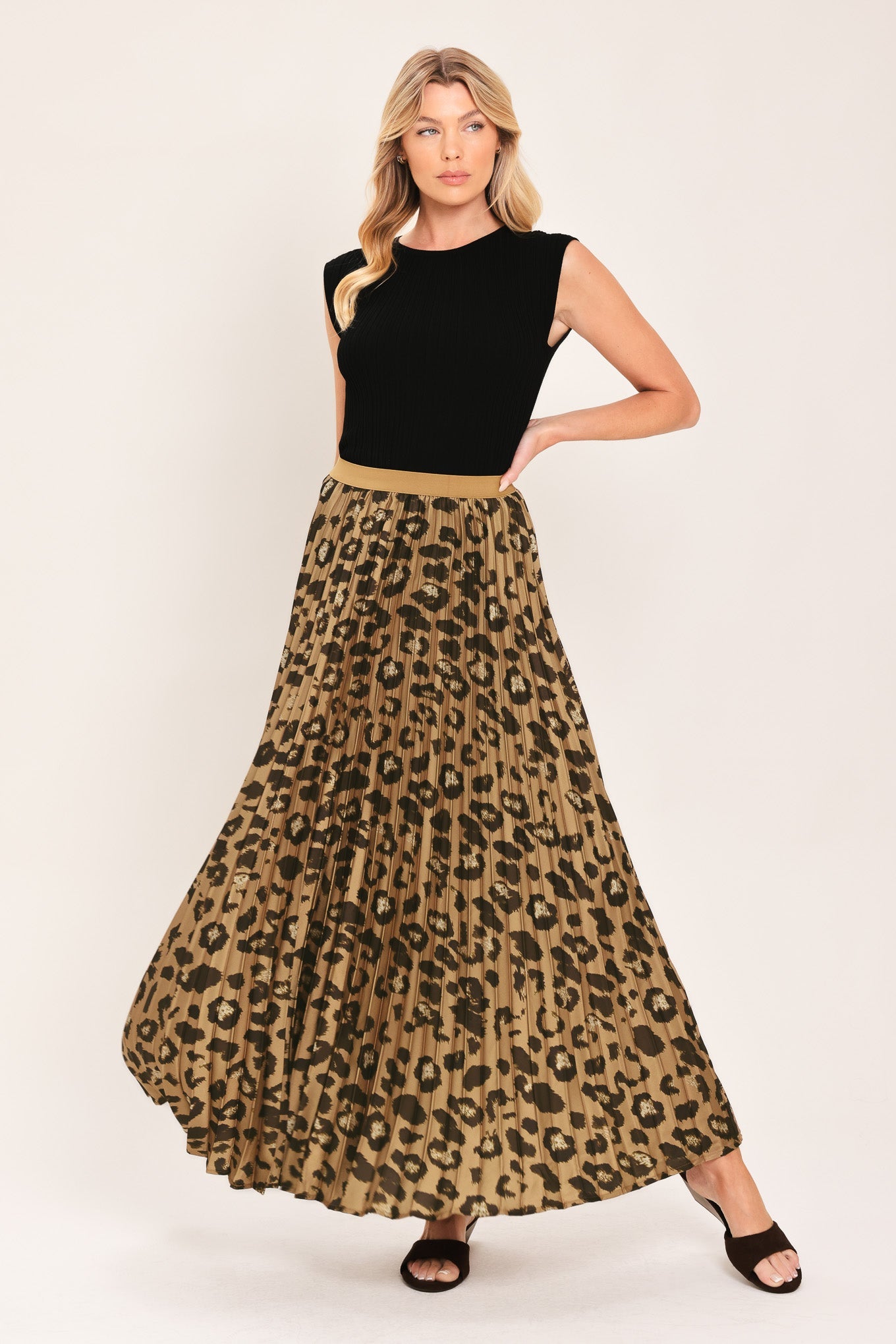 Golden Leopard Pleated Maxi Skirt