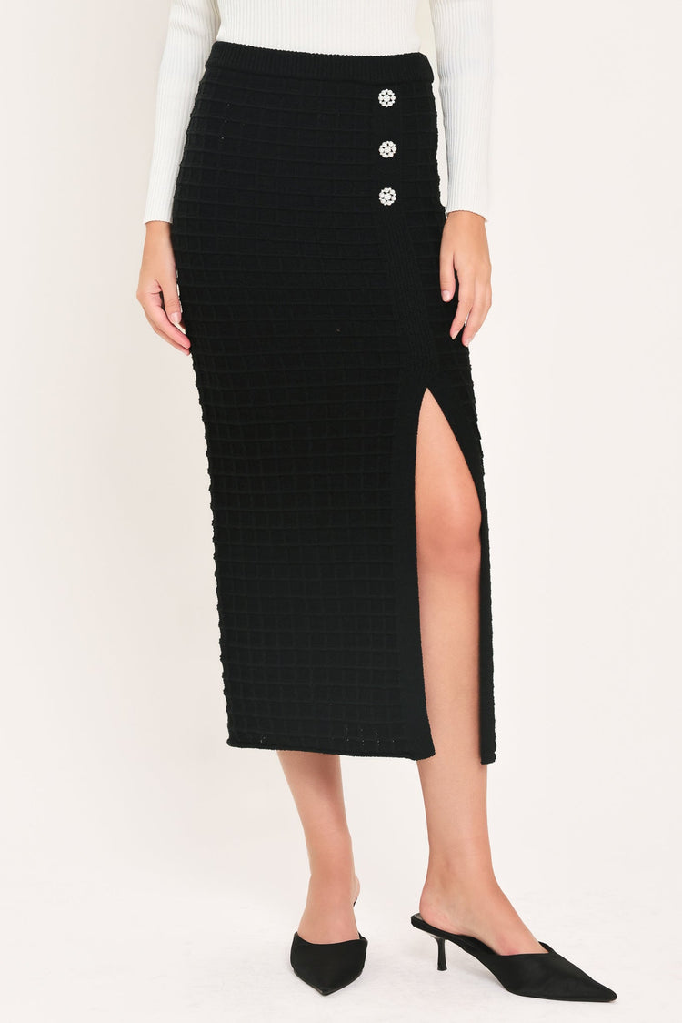 Polished Moment Jewel-Button Slit Sweater Midi Skirt