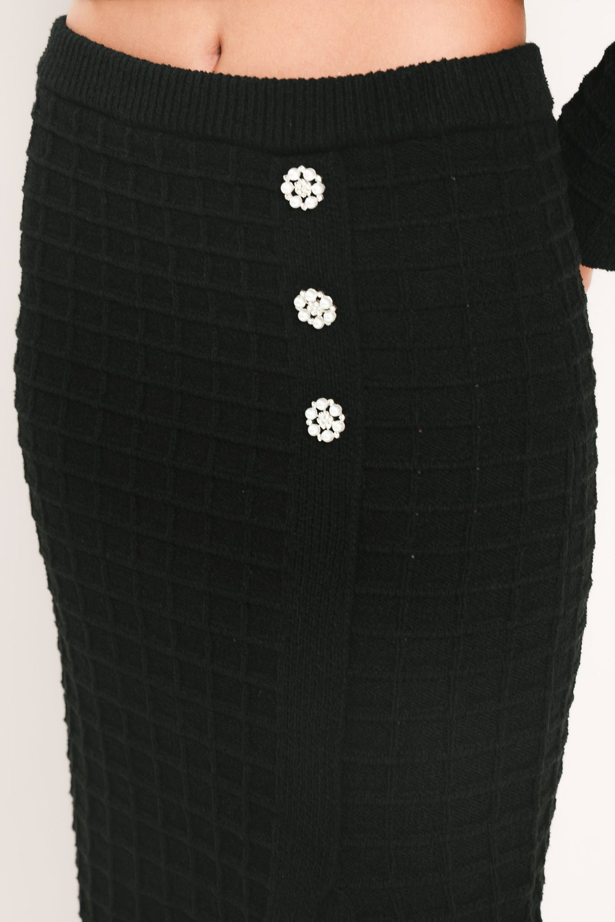 Polished Moment Jewel-Button Slit Sweater Midi Skirt