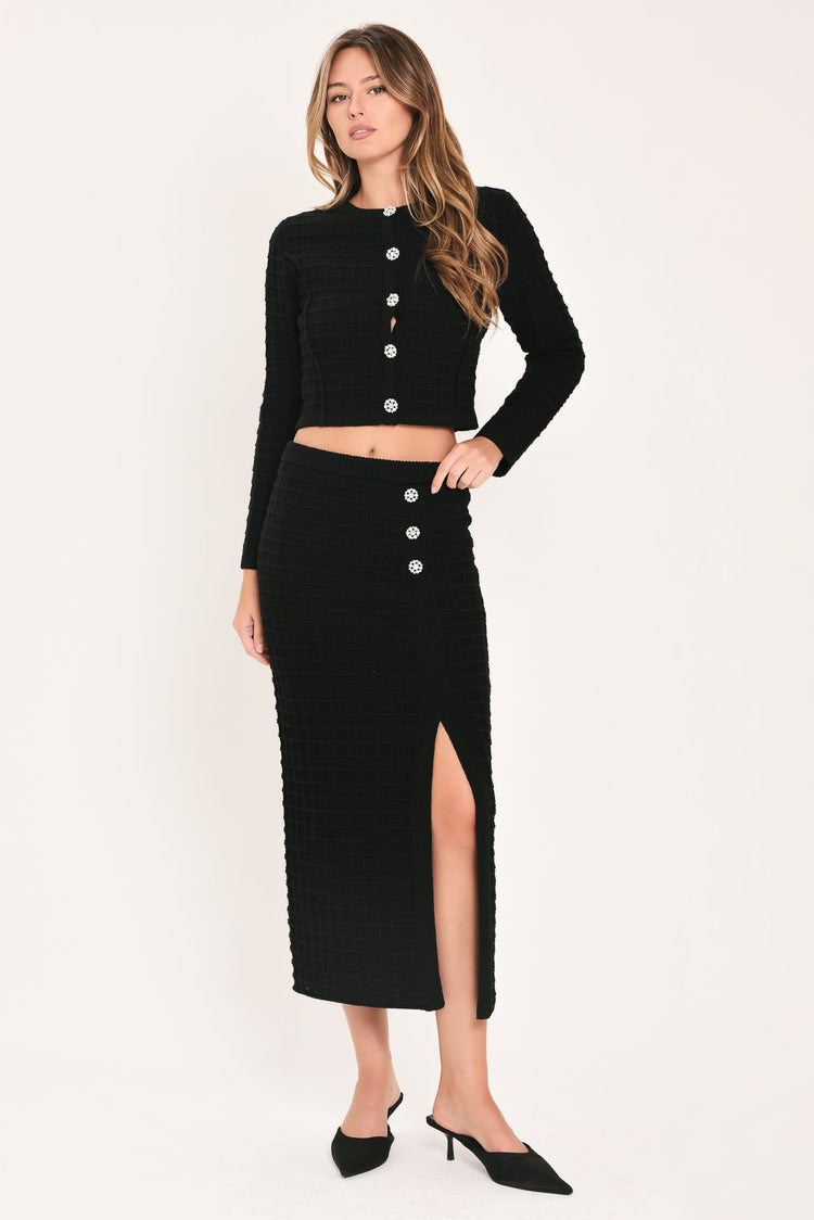 Polished Moment Jewel-Button Slit Sweater Midi Skirt