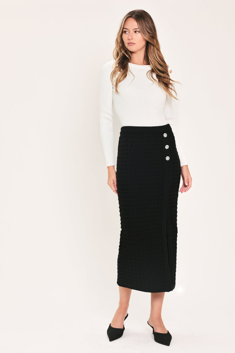 Polished Moment Jewel-Button Slit Sweater Midi Skirt