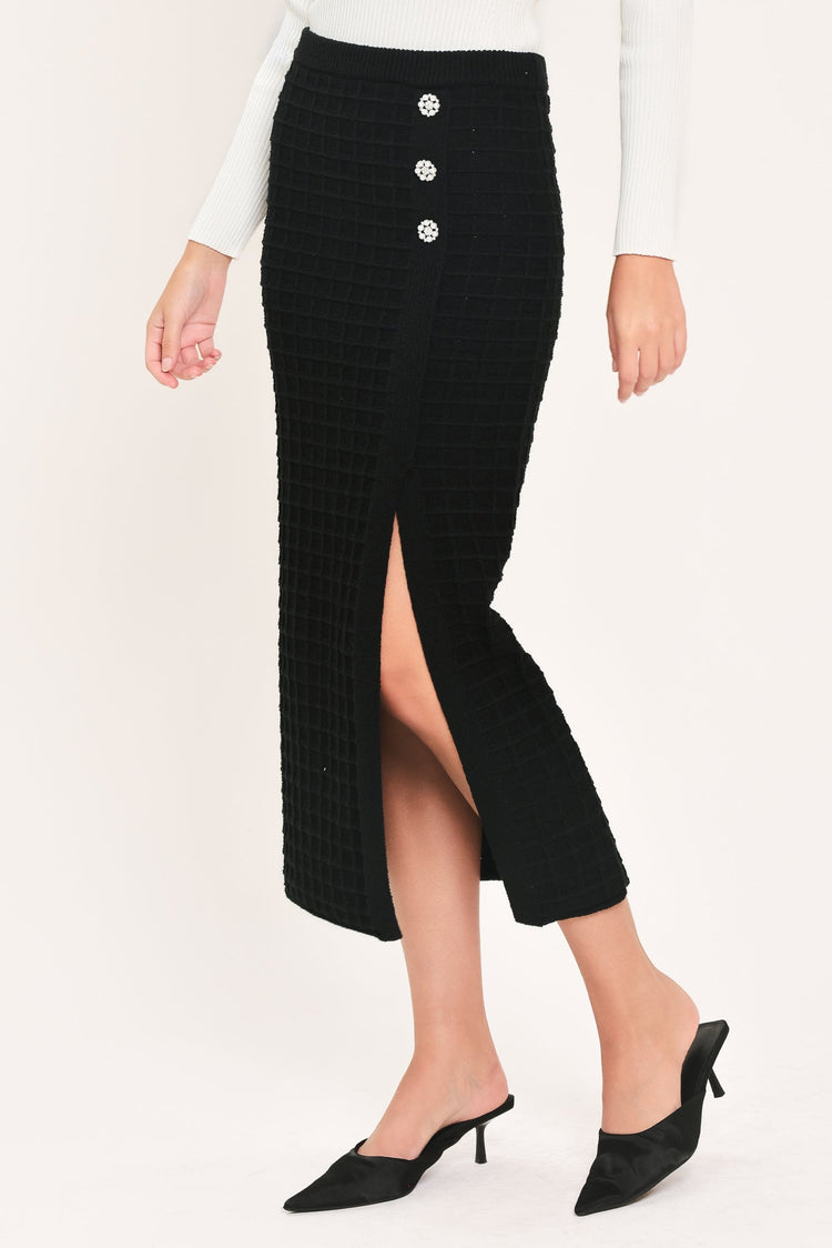 Polished Moment Jewel-Button Slit Sweater Midi Skirt